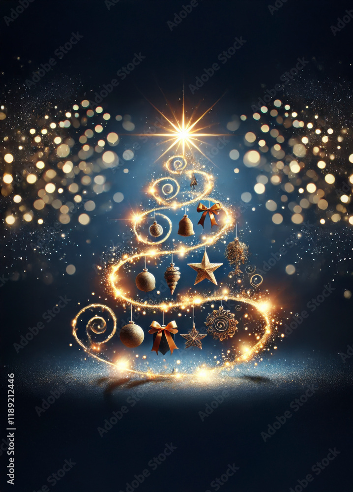 Árbol de Navidad dibujado con una estela de luces, con elementos decorativos Árbol de Navidad dibujado con una estela de luces, con elementos decorativos