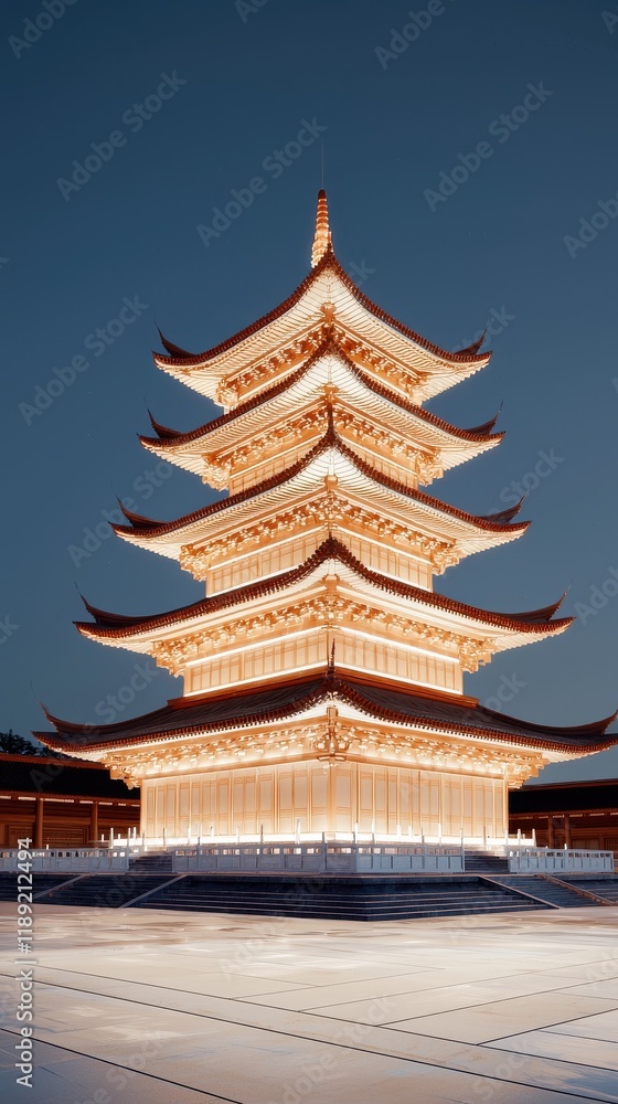 Illuminated chinese pagoda at night urban landscape architecture serene environment detailed viewpoint Illuminated chinese pagoda at night urban landscape architecture serene environment detailed viewpoint