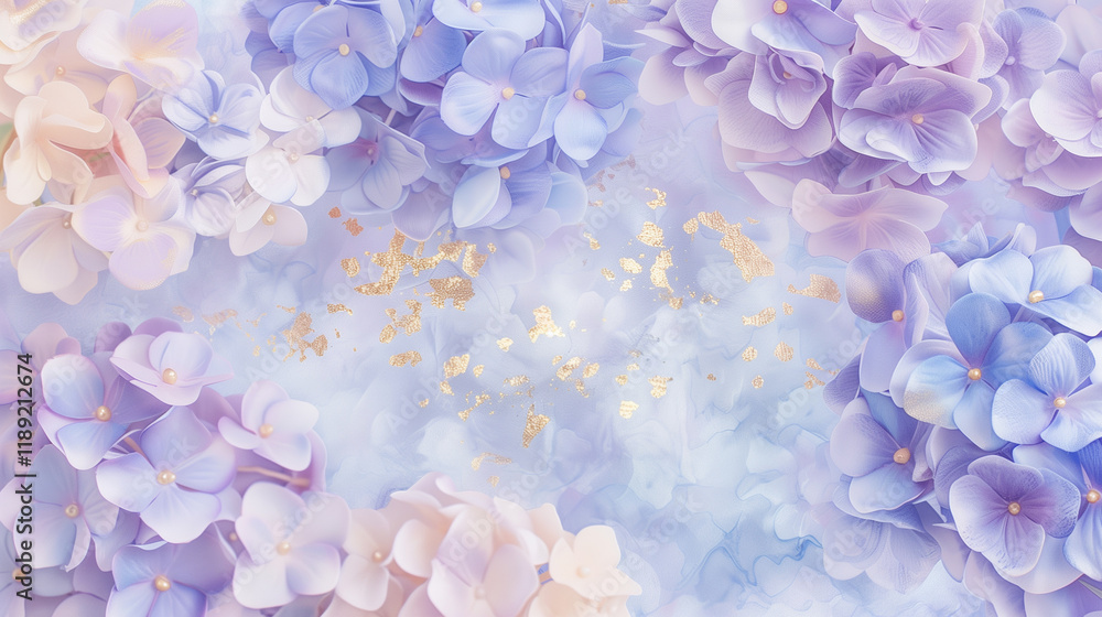 Fototapeta premium Delicate hydrangea flowers painted in soft pastel tones with gold accents 