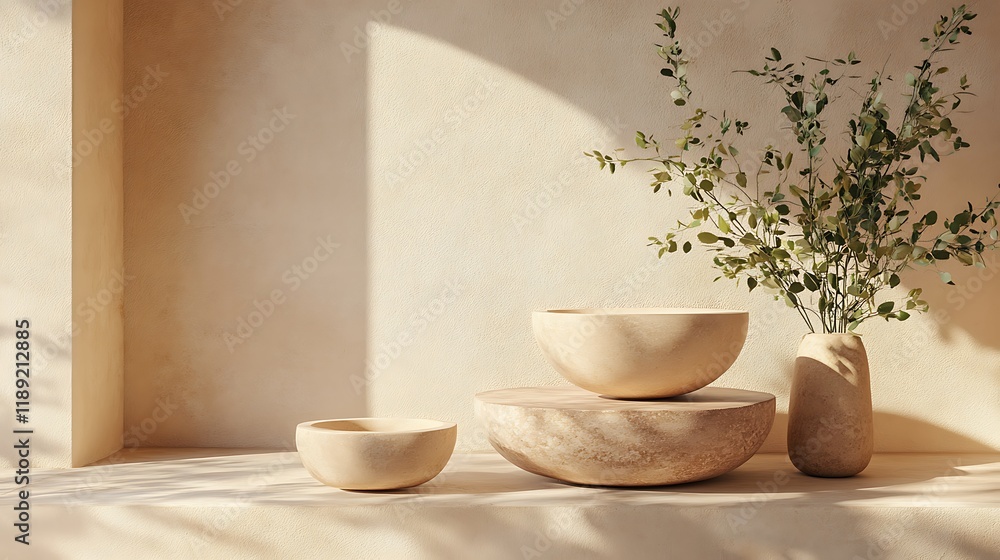 Minimalist earthenware bowls and vase with greenery Minimalist earthenware bowls and vase with greenery