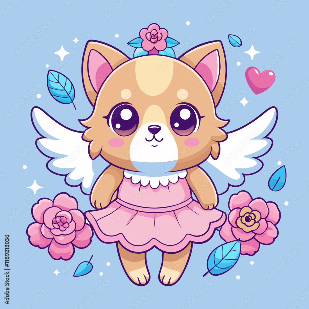 Cute Chibi Fairy Dog – Pink Flower Petal Dress, Adorable Illustration Cute Chibi Fairy Dog – Pink Flower Petal Dress, Adorable Illustration