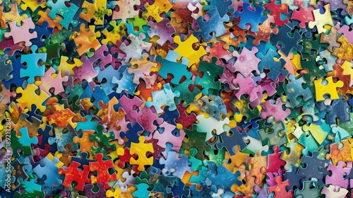 A collection of vibrant jigsaw puzzle pieces, scattered across a white background.