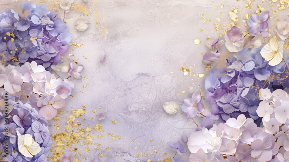 Obraz premium Delicate hydrangea flowers painted in soft pastel tones with gold accents 