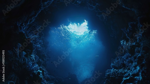 a mystical underwater kingdom inhabited by mermaids and sea creatures, white space in the center of the page for text, ethereal and luminous colors against a dark oceanic backdrop photo