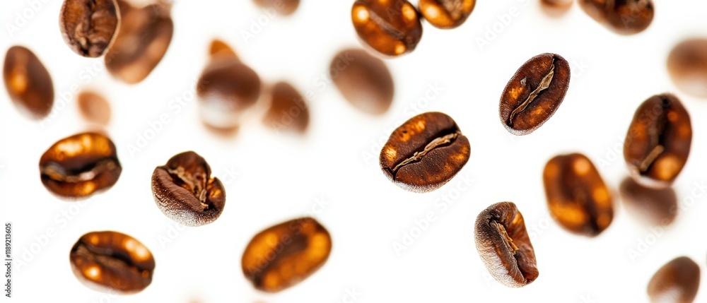 Obraz premium falling roasted coffee beans on white background