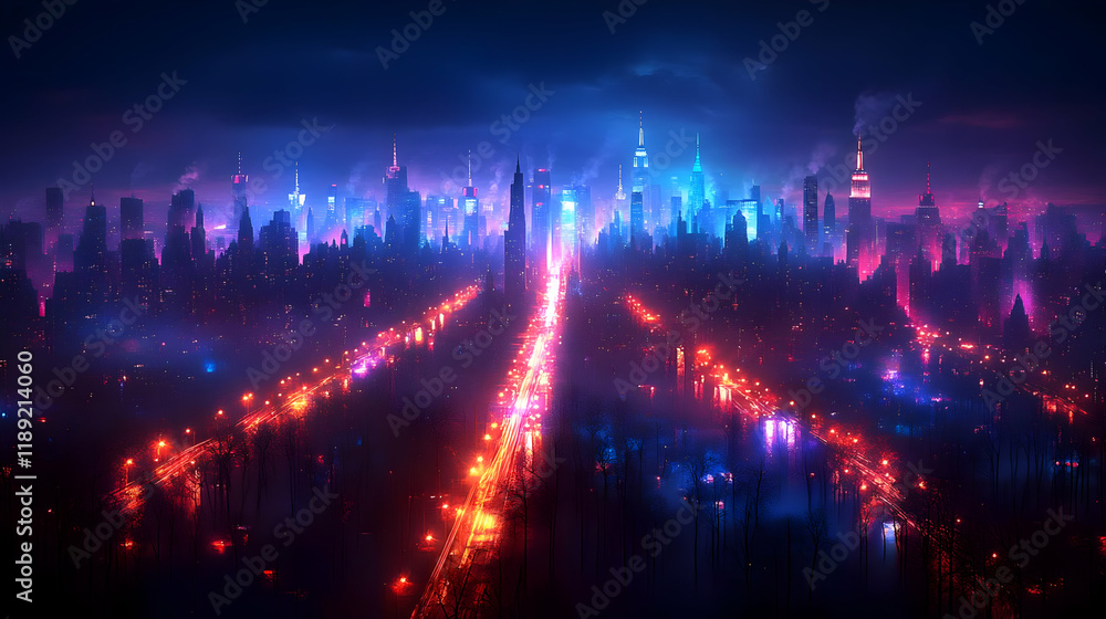 Fototapeta premium Vibrant Futuristic Cityscape at Night with Neon Lights and Glowing Buildings