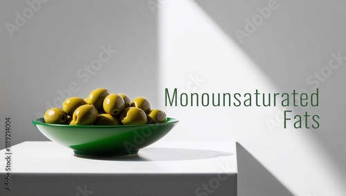Green olives displayed in a bowl highlighting monounsaturated fats on a minimalist background