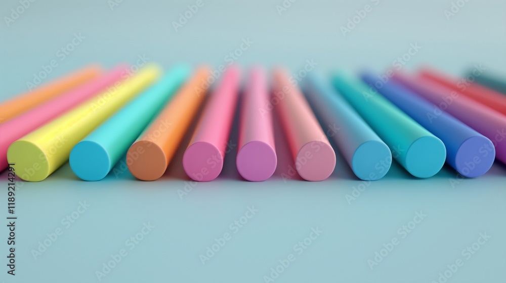 A colorful set of chalk sticks, arranged in a perfect row, placed on a white table. A colorful set of chalk sticks, arranged in a perfect row, placed on a white table.
