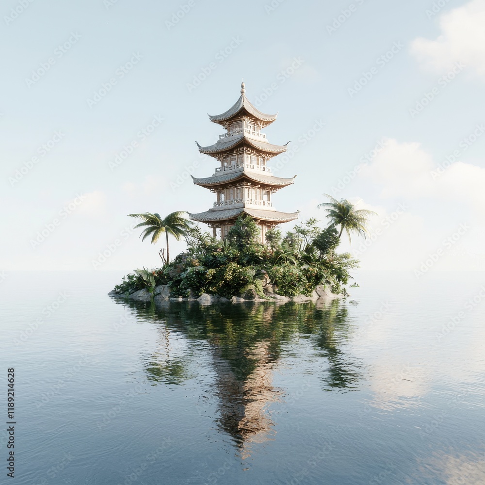 Serene chinese pagoda on an island architectural wonder tranquil landscape digital art aerial view cultural heritage Serene chinese pagoda on an island architectural wonder tranquil landscape digital art aerial view cultural heritage