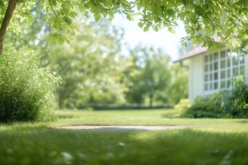 Sunny summer day in garden with blurry background. Rich green lawn stretches to house with light colored exterior. Soft sunlight filters through trees. Fresh green foliage, plants create natural,