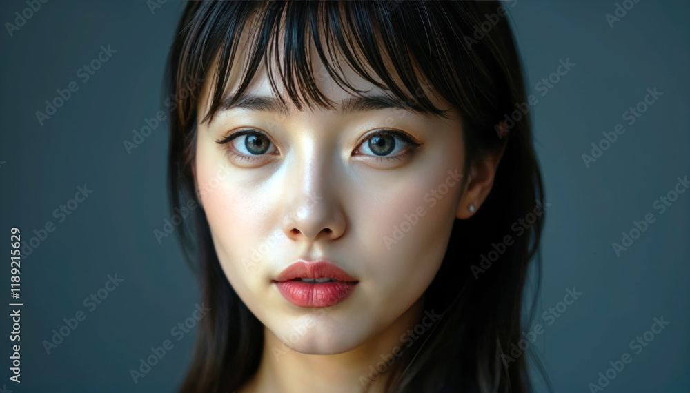 Close up portrait of young Asian woman with dark hair and bangs gazing directly camera Close up portrait of young Asian woman with dark hair and bangs gazing directly camera