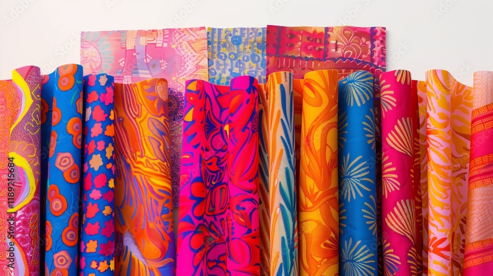 A group of brightly colored fabric swatches, neatly arranged in a row on a white table. A group of brightly colored fabric swatches, neatly arranged in a row on a white table.