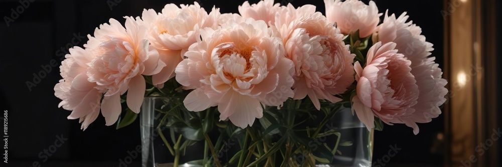 gorgeous bouquet of pale peach peonies arranged artfully in a clear glass vessel on a dark night scene, black background, pastel colors gorgeous bouquet of pale peach peonies arranged artfully in a clear glass vessel on a dark night scene, black background, pastel colors