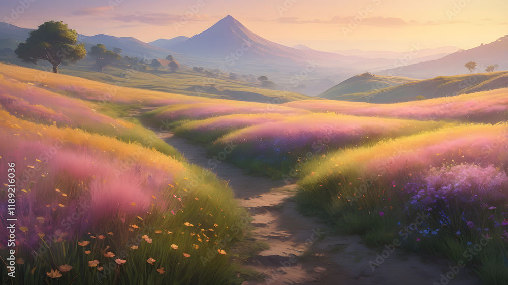 Obraz premium A breathtaking scene of a rolling meadow bathed in the warm light of sunrise. The field is awash with a vibrant array of colors, from the deep purple of wildflowers to the golden hues of tall grasses.