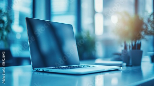 Wallpaper Mural Calm Blue Toned Office Workspace with Laptop and Natural Light Torontodigital.ca
