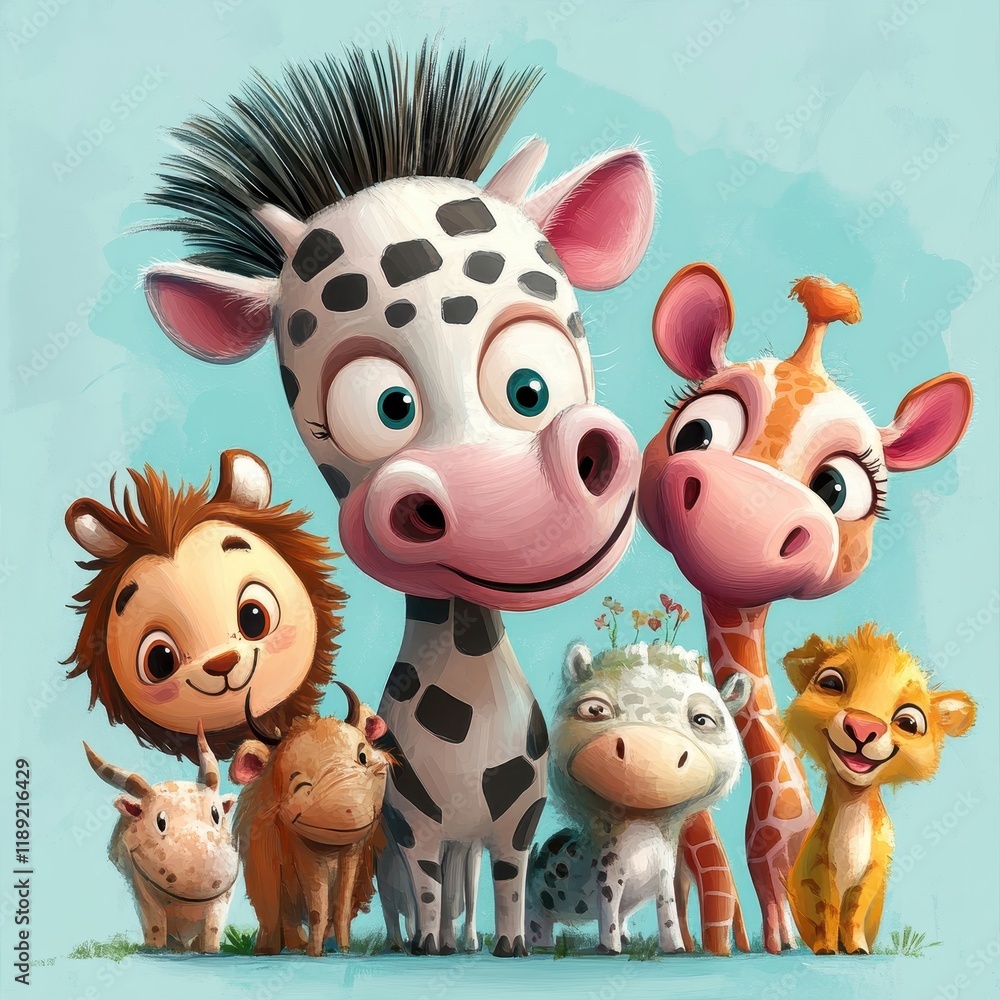 Naklejka premium Adorable Cartoon Animals Pose Together For A Fun Photo