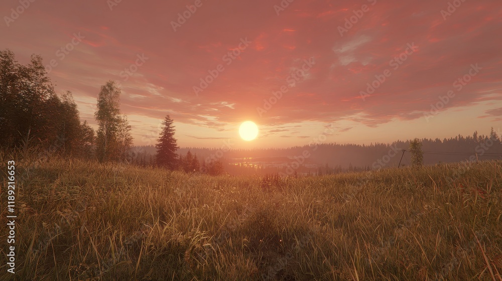 Obraz premium Crimson sunset over tranquil meadow nature landscape evening atmosphere vibrant sky view