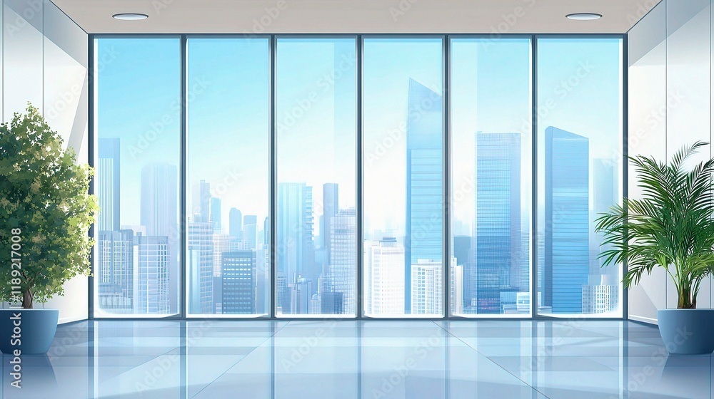 Fototapeta premium Urban Oasis: A modern office space with expansive floor-to-ceiling windows offers a breathtaking view of a bustling cityscape, where natural light floods in, creating a bright and airy atmosphere.