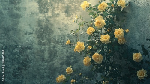 A beautiful bouquet of yellow roses against a muted gray background with a clean area for text.