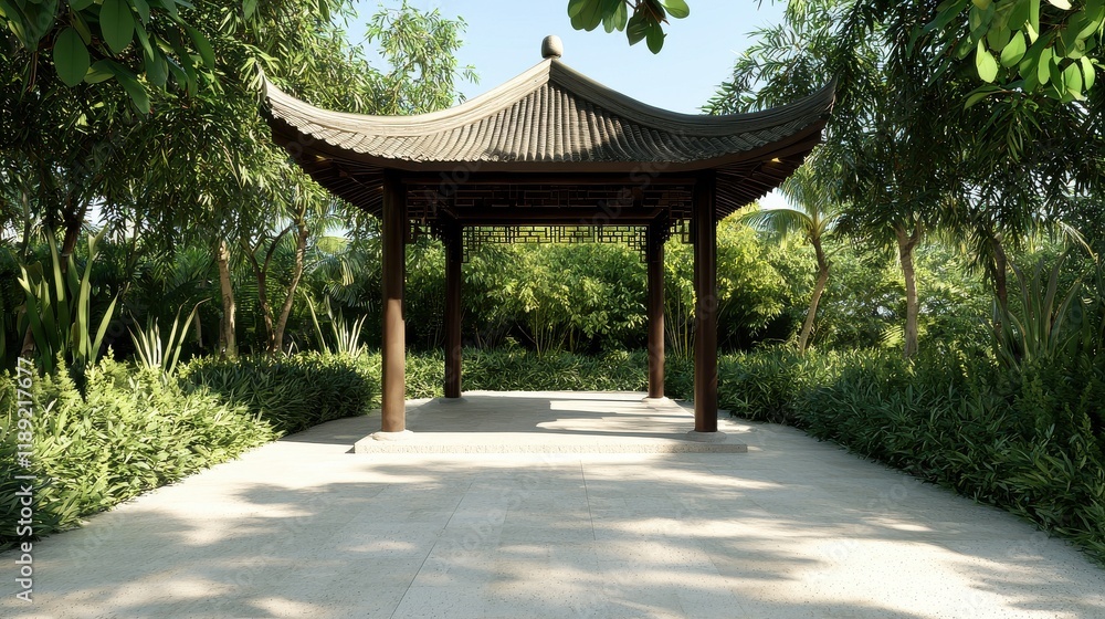 Tranquil chinese pagoda in tropical oasis architectural detail serene garden view harmony with nature Tranquil chinese pagoda in tropical oasis architectural detail serene garden view harmony with nature