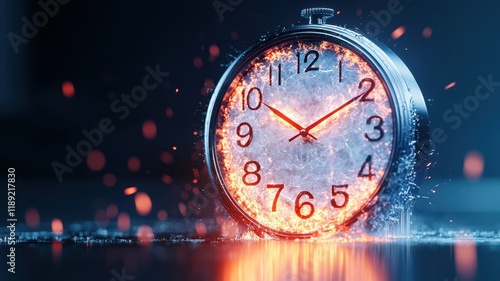 A silver clock surrounded by water and sparks, symbolizing the passage of time in a dynamic and visually striking manner.