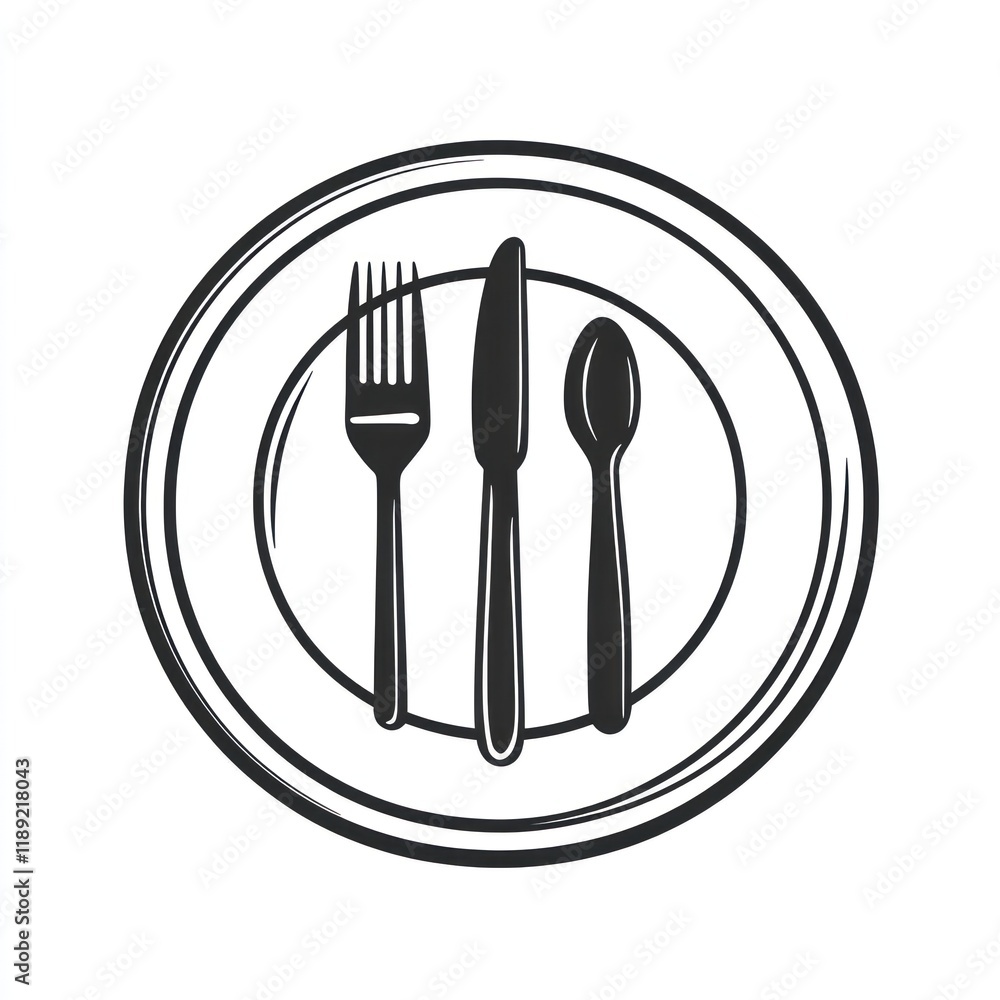 Plate, cutlery, fork, knife, spoon, restaurant, menu, design, simple, white background Plate, cutlery, fork, knife, spoon, restaurant, menu, design, simple, white background