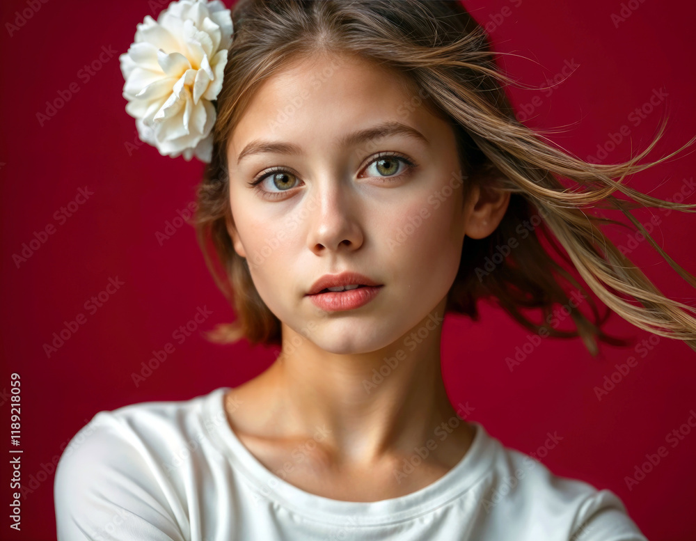 Naklejka premium Portrait of young girl with flower in hair against red background