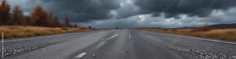 Fototapeta premium Gray European roadway with small stones under a dark autumn sky, autumn leaves, pavement, small stones