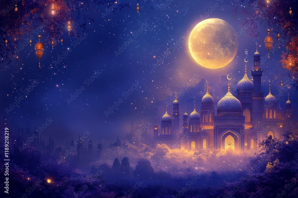 Full Moon and Lanterns Above Ramadan Mosque Full Moon and Lanterns Above Ramadan Mosque