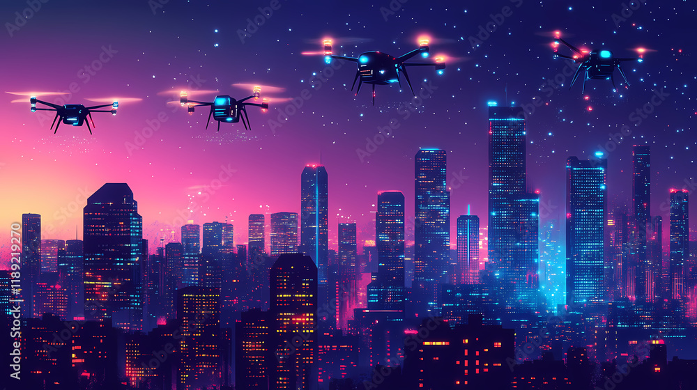 Futuristic cityscape at night drones hover above. Nightstone. Illustration Futuristic cityscape at night drones hover above. Nightstone. Illustration