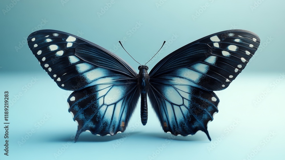 Obraz premium A butterfly with black and white wings is sitting on a blue background