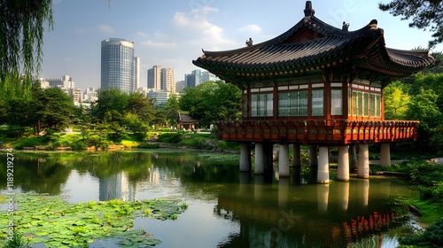 Traditional Korean Pavilion Over Water City Skyline