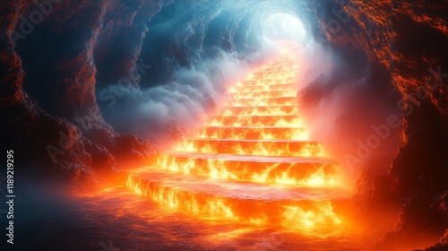 A fiery staircase leading to a bright light