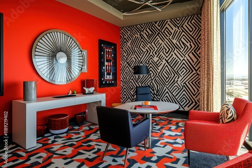 A contemporary office space with bold geometric patterns, sleek furniture, and vibrant colors photo