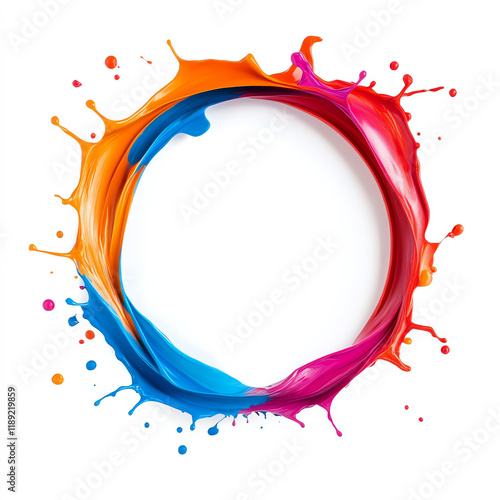 Colorful paint splash creating a vibrant circular frame on white background.