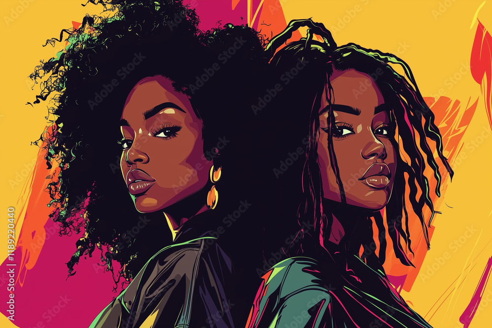 Two women in bold digital art style with vibrant background Two women in bold digital art style with vibrant background