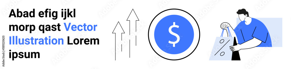 Dollar symbol inside circle, upward arrows, man holding discount shopping bag, random text blocks. Ideal for finance, e-commerce, retail, marketing growth economics savings concepts. Landing page Dollar symbol inside circle, upward arrows, man holding discount shopping bag, random text blocks. Ideal for finance, e-commerce, retail, marketing growth economics savings concepts. Landing page