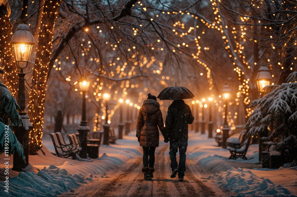 Couple walking hand in hand under an umbrella in a snow-covered park decorated with warm lights during winter evening Couple walking hand in hand under an umbrella in a snow-covered park decorated with warm lights during winter evening