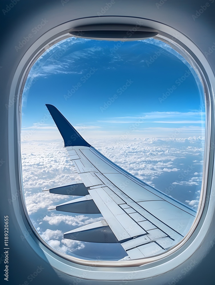 Photo of an Airplane Window View of the Wing and Sky Photo of an Airplane Window View of the Wing and Sky