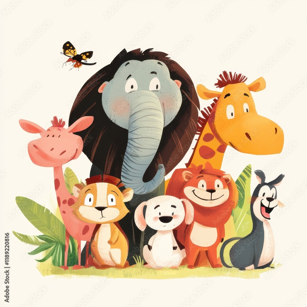 Naklejka premium Happy Animals Grouped Together In A Friendly Scene