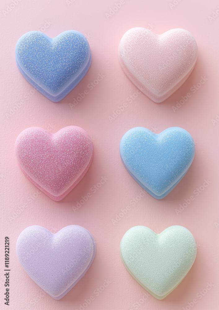 Colorful pastel heart shaped objects on soft pink background, evoking sweetness Colorful pastel heart shaped objects on soft pink background, evoking sweetness