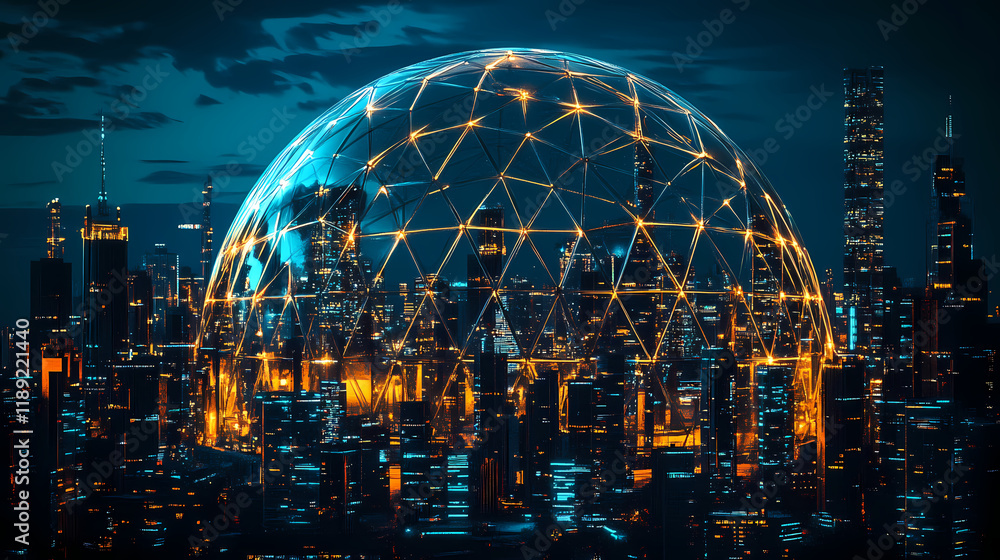 Fototapeta premium Futuristic cityscape underneath a networked dome. Nightstone. Illustration