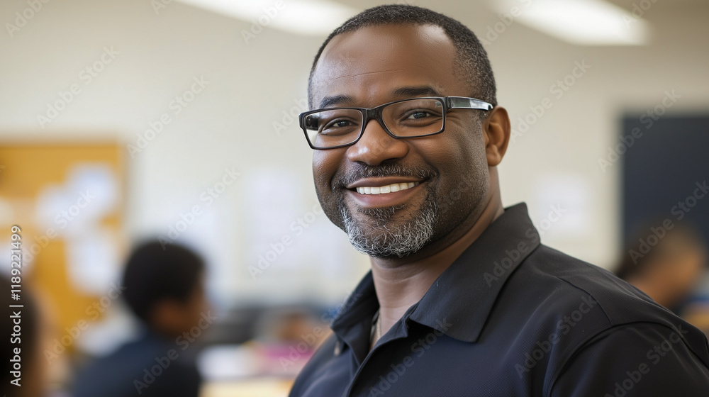 Smiling teacher in a classroom environment Smiling teacher in a classroom environment