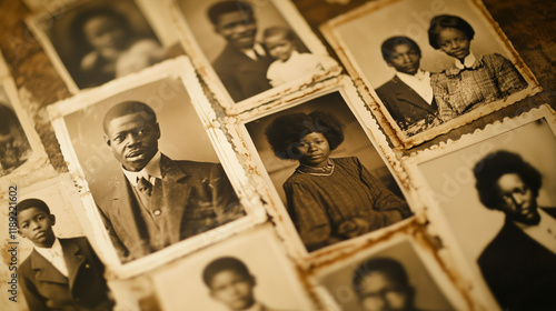 Vintage black-and-white family portraits on aged paper