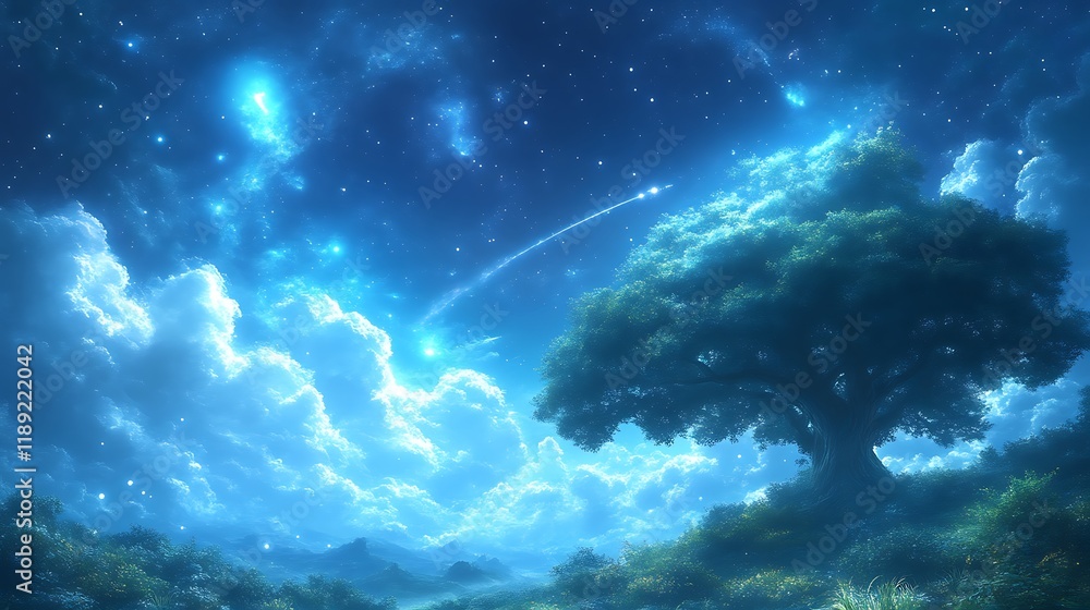 Fototapeta premium Serene Night Scene with a Large Tree and Shooting Star