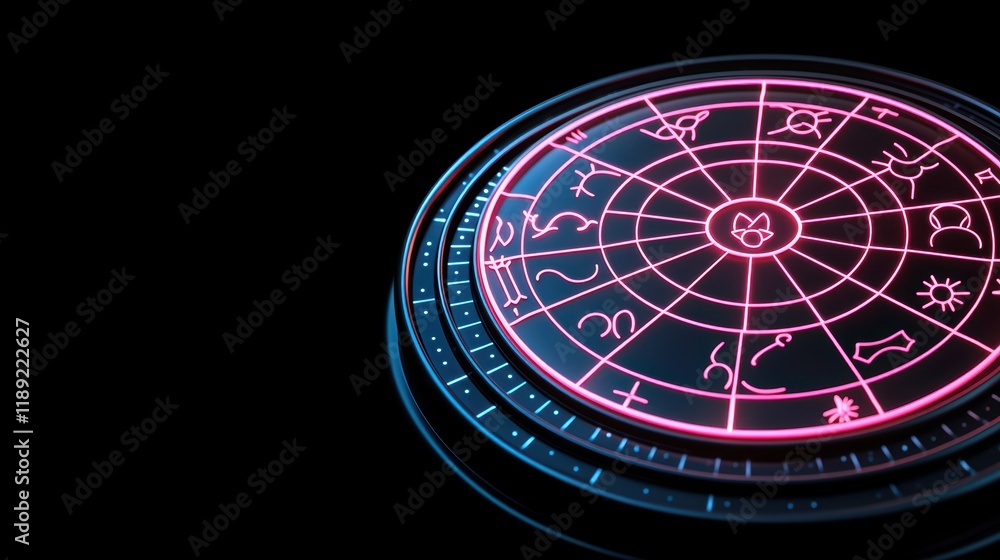 Obraz premium Glowing Zodiac Astrology Wheel on Dark Background with Symbols