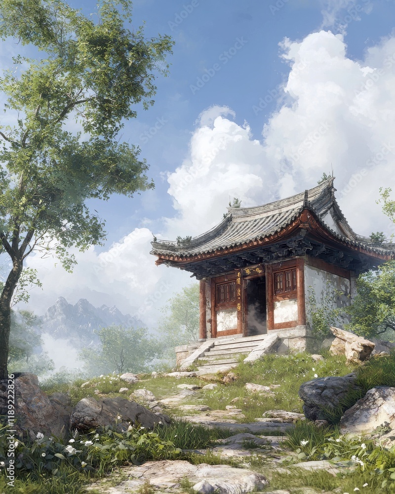 Tranquil pagoda amidst lush nature traditional village scenic serene environment wide-angle view cultural heritage Tranquil pagoda amidst lush nature traditional village scenic serene environment wide-angle view cultural heritage