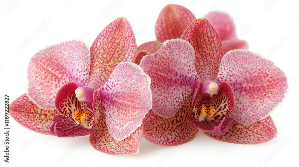Pink orchids blooming, studio shot, white background, floral des Pink orchids blooming, studio shot, white background, floral des