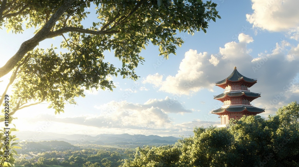 Serene chinese pagoda in rural countryside landscape nature bliss tranquil viewpoint Serene chinese pagoda in rural countryside landscape nature bliss tranquil viewpoint