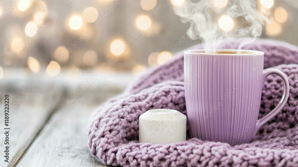 Cozy Winter Mug of Tea on Knit Blanket with Lights Cozy Winter Mug of Tea on Knit Blanket with Lights